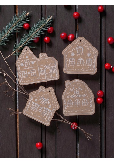 Yılbaşı, Gingerbread Ev Tasarımlı Hediye Etiket & 10m Jüt İp Seti