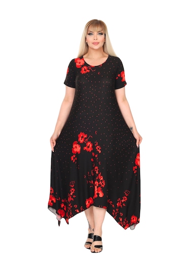 Melsay Butik Kırmızı Puanlı Gelincik Desen Asimetrik Kısa Kollu Elbise Siyah