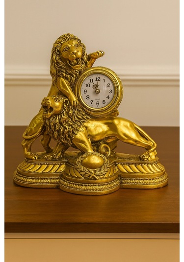 Gümüş Gold Aslan Figürlü Masa Saati 28x26 Gold