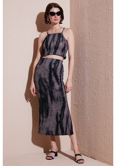 Lela Slim Fit Ip Askılı Yırtmaçlı Midi Alt-Üst Bayan Takım 5869021 Siyah