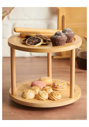 Bambu 360 Dönen 2 Katlı Baharatlık Düzenleyici Doğal, Şık Ve Fonksiyonel Mutfak Standı Bambu