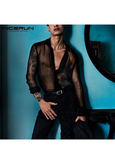 İncerun Yaz Erkek Uzun Kollu Gömlek İnce Düğme Clubwear Parti Siyah Üstler Siyah