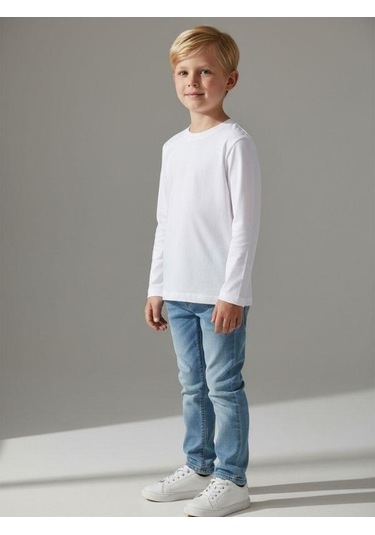 Zekids Erkek Çocuk Pamuklu Bisiklet Yaka Uzun Kollu Basic T-shirt-16775 Ekru