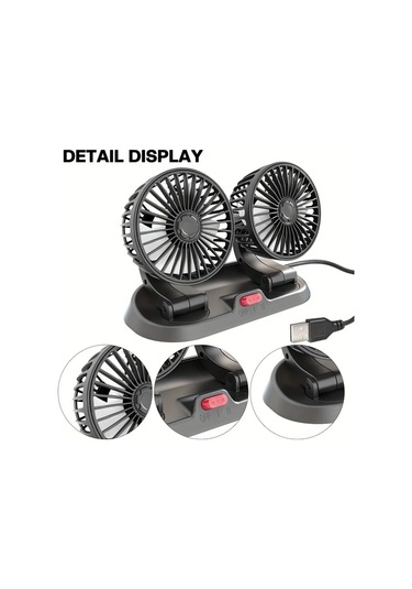Xuweiwei Siyah 360 Derece Dönebilen Çift Başlı Usb Araç Fanı Ayarlanabilir Rüzgar Hızı Karavan Ve Araçlar İçin