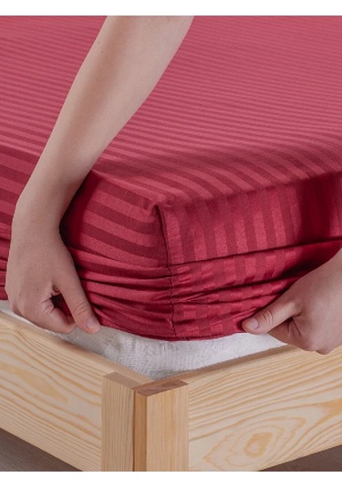 Bordo Pamuklu Çizgili Saten Lastikli Çarşaf Takımı Tek Kişilik + 1 Yastık Kılıfı Bordo
