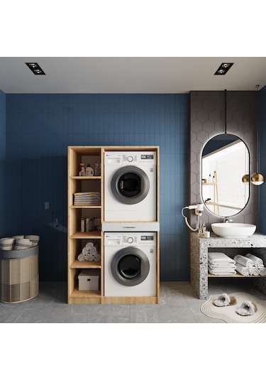 Tina Çamaşır Ve Kurutma Makinesi Dolabı Banyo Dolabı Meşe Beyaz Beyaz - Meşe