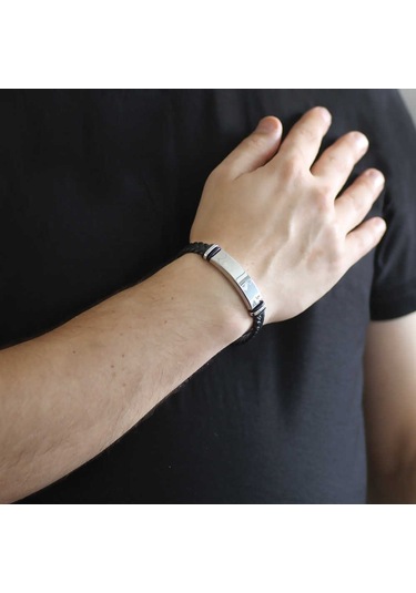 Nipora Kişiye Özel Isim Yazılı Çelik-Deri Bileklik Model-2 Siyah