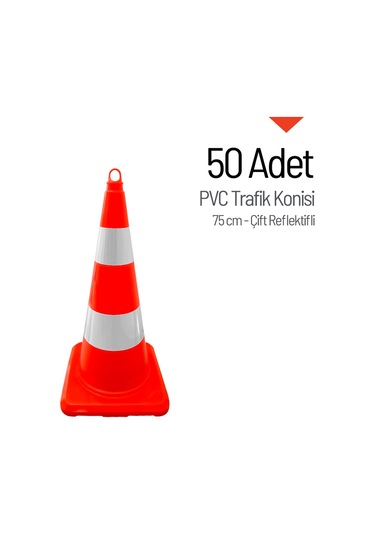 50 Adet Pvc Trafik Konisi 75 Cm Çift Reflektifli Trafik Dubası-3734