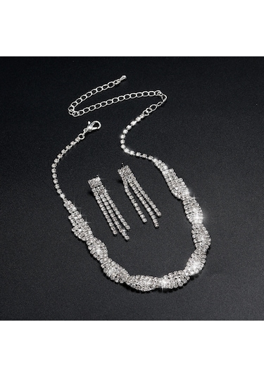 Chavin Düğün Nişan Kına Zirkon Taşlı Bayan Kolye Küpe Set es09 Beyaz