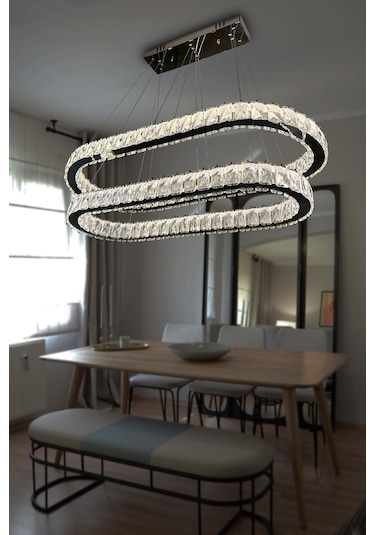 2 Katlı Yemek Masası Üstü Taşlı Modern Avize Krom