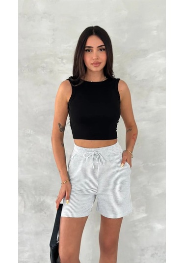 Yandan Cepli Beli Bağcıklı Su Yolu Kadın Çizgili Şort Gri