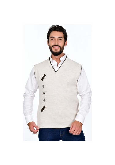 Kamalı Krem Erkek Çelik Örgü Kışlık Kalın Triko V Yaka Triko Örgü Tüylenmez Süveter Taş