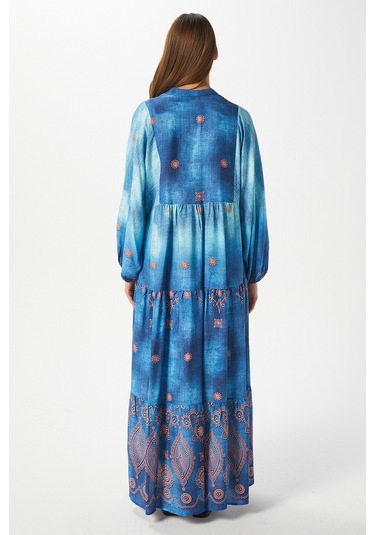 Modest Kadın Lucian Mavi %100 Viskon Maksi Boy Yazlık Elbise Maviturkuazturuncu Çok Renkli