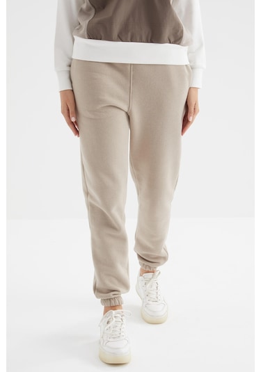 Tommy Life Koyu Bej Yüksek Bel Şardonlu 3 İplik Pamuklu Basic Kadın Eşofman Alt - 94624 Koyu Bej