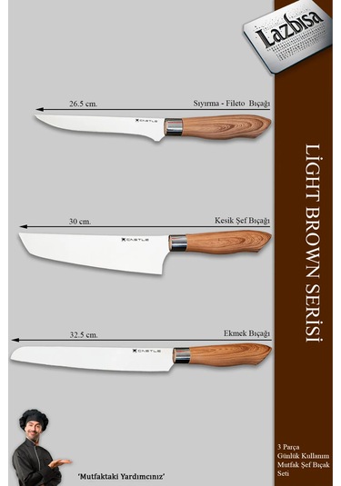 Light Brown Serisi Mutfak Bıçak Et Sebze 3 Lü Şef Bıçağı Mft-749 Kahverengi