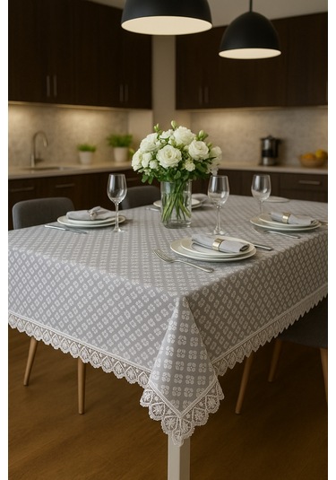 Lüks Gri Dantel Detaylı Masa Örtüsü Şık Desenli Su Geçirmez Kumaş Şık Sofra Dekoru Gri