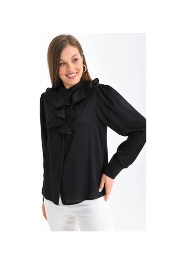 Kadın Siyah Hafif Dökümlü Volanlı Yaka Saten Gömlek 001