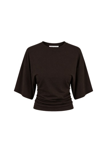 Mixray 2102 Kadın Modal Büzgü Detaylı Dökümlü Soft T-shirt Kahve Kahverengi
