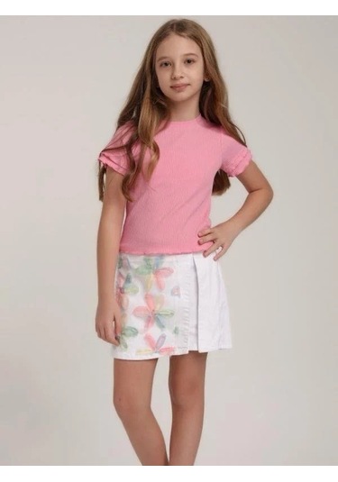 Kız Çocuk Çiçek İşlemeli Tasarım Kot Şort Etek-15623 Beyaz