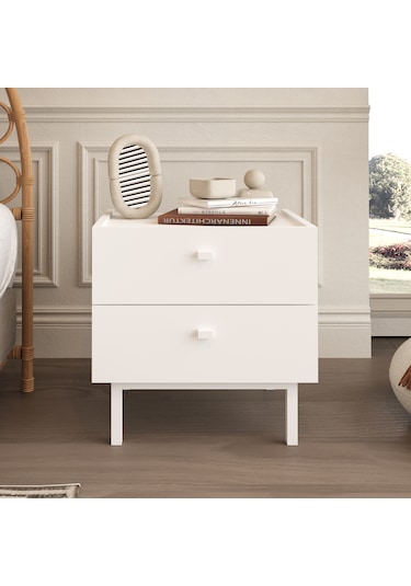Robinhome Rhode Komodin 2 Çekmeceli Ahşap Ayaklı Beyaz