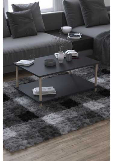 Dikdörgen Orta Sehpa Ahşap Ayaklı Sehpa Iki Raflı Sehpa Dekoratif Sehpa Gazetelikli-antrasit-90x60