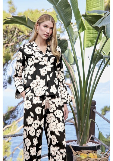 Monamise Kadın Desenli Önü Düğmeli Uzun Kollu Gömlek Yaka Alt Üst Takım 25060 Siyah