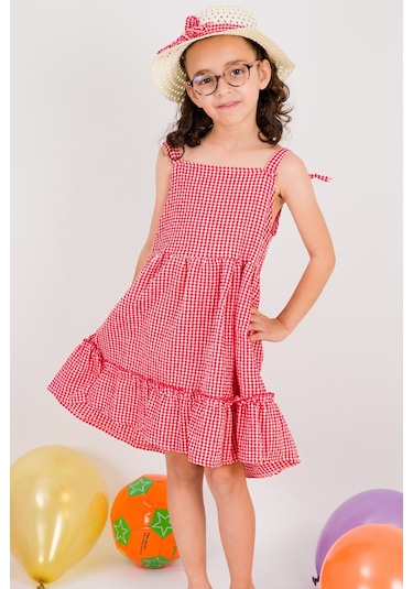 Kız Çocuk Şapkalı Elbise Kareli Fiyonklu B33 Kırmızı