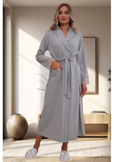 Mecit 1543 Bayan Gri Büyük Beden Uzun Kollu Uzun Sabahlık Gri