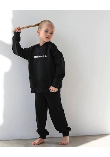 Erkek Çocuk Kız Çocuk Nakışlı Slogan Hashtag Oversize Alt Üst Takım Kapüşonlu 3 İplik Şardonlu Siyah Renk Siyah