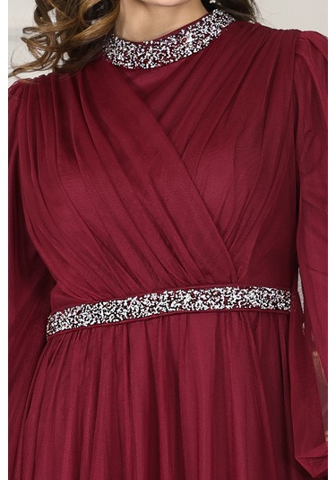 Senna Taş Detaylı Büyük Beden Şık Tesettür Abiye Bordo