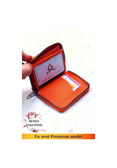 Unisex Vegan Deri Fermuarlı Turuncu Cüzdan Kartlık Ve Portföy Hediye Paketinde Turuncu