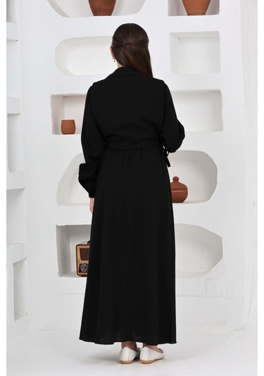 Kız Çocuk Uzun Boy Gofre Kumaş Jile & Elbise İki Parça Takım Astarlı Zarif Set-4948 Siyah