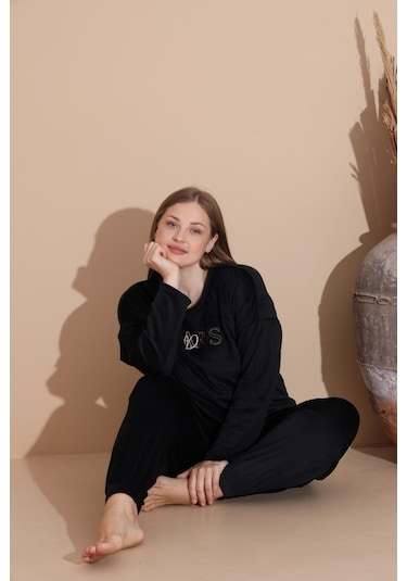 Boyraz Kadın Kışlık Fransız Kadife Büyük Beden Bisiklet Yaka Uzun Kol Pijama Takımı 03134 - 1 Adet Siyah