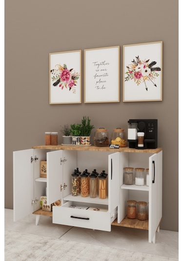 Nedudo Kahve Köşesi Çok Amaçlı Dolap 4 Kapaklı 1 Çekmeceli Kiler Mutfak Dolabı Beyaz Atlantik Beyaz - Atlantik Çam