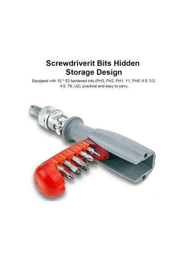 Skycity 180 Eğik Ratchet Tornavida Seti, 6.35mm 1/4" Uçlu, 10 Adet Bits Artı, Çarpı, Alman Star , Alyuminyum Çelik + Abs, Gri & Kırmızı