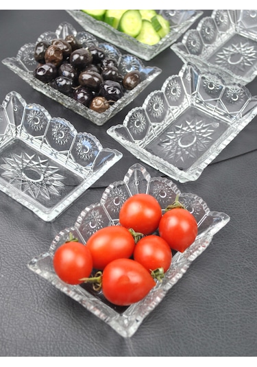 6'lı Cam Kase Çerezlik Kahvaltılık Dikdörtgen Sunumluk-13x10x4cm