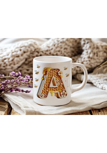 A Harfi Bal Arısı Tasarım Kupa Bardak - Bal Ve Petek Desenli Kişiye Özel Kahve Kupası - Hediyelik Beyaz