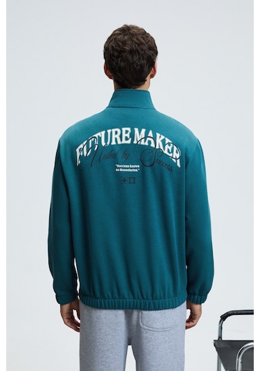 MERRICK Erkek Sırt Baskılı Cebi Nakışlı Yarım Fermuarlı Kolu Lastikli Dik Yaka Regular Fit Yeşil Swe