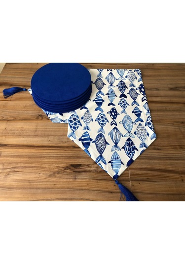 Beyaz Zemin Üzerine Mavi Balık Desenli Runner & Supla Çok Renkli