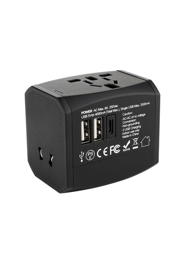 Sandwich Siyah Seyahat Evrensel Adaptörü - 2usb + Type-c Çevirici, Taşınabilir, 100-250v, 6a, 1200w Güçlü Performanslı Seyahat