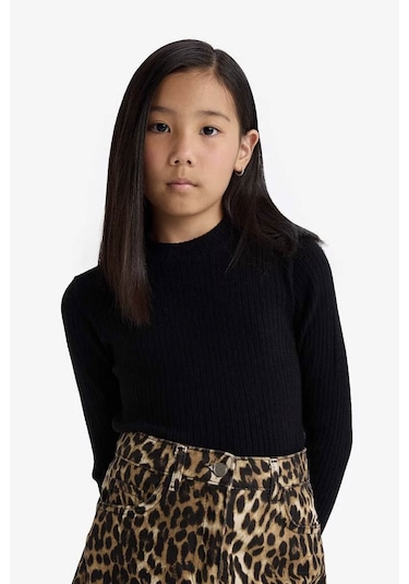 Defacto Fitted Bisiklet Yaka Ribana Siyah Kız Çocuk Kazak E9849a8/bk81 Siyah
