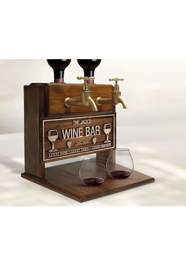 Bk Gift Kişiye Özel Kabartma İsimli Çift Musluklu Doğal Ahşap Şarap Standı, İçki Standı, Doğum Günü Hediyesi, Ev Hediyesi, Erkek Hediye-3