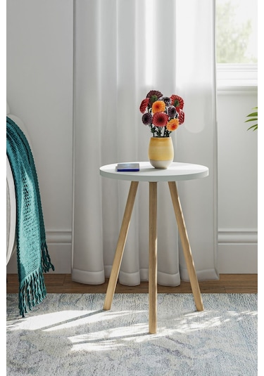 İntergo Yuvarlak Ahşap Ayaklı Tekli Zigon Yan Sehpa Beyaz