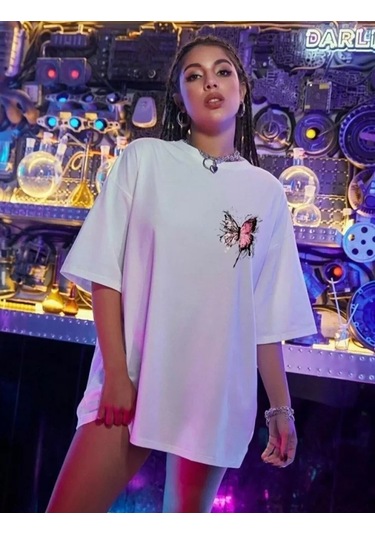 Unisex Baskılı Oversize Tshirt Beyaz