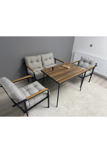 Modern Merkür Balkon, Bahçe, Cafe - Metal Kanepe Koltuk Takımı - 2+1+1 + Masa Açık Gri Modernsh29 Açık Gri