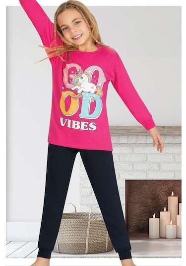 Unicorn Uzun Kollu Kız Çocuk Pijama Takım Fuşya