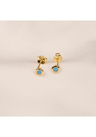 Altın Küpe - 14 Ayar Altın Minimal Firuze Turkuaz Taşlı Küpe Sarı