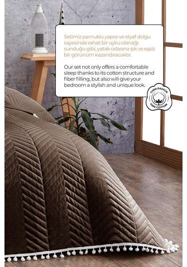 Evlen Home Ponponlu %100 Pamuk Tek Kişilik Günlük Yatak Örtüsü Pike Takımı Seti Koyu Kahve
