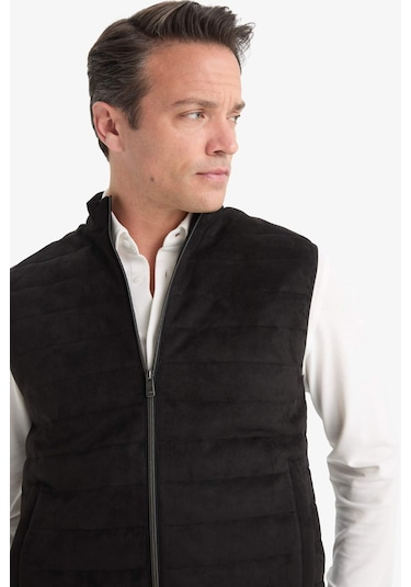 Defacto Slim Fit Dar Kesim Dik Yaka Astarlı Fermuarlı Cepli Mevsimlik Baharlık Süet Yelek F0246ax25aubk27 Siyah