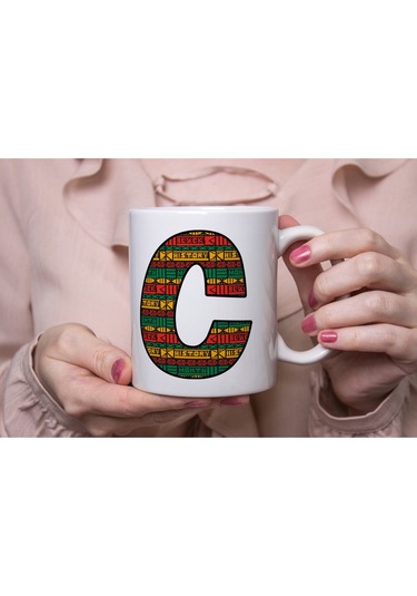 C Harfi Etnik Desenli Kupa - Afrika Tarzı Kahve Çay Kupası - Hediyelik - Black History Beyaz